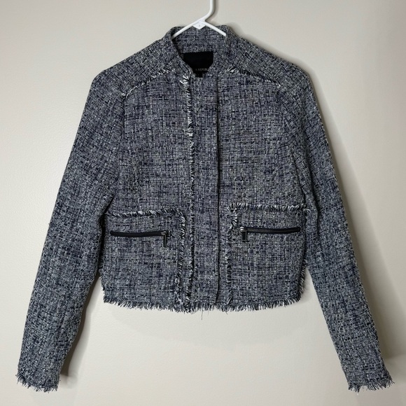 Banana Republic Blue White Black Tweed Crop Length Zip-up Blazer Jacket Size 2 - Picture 1 of 12
